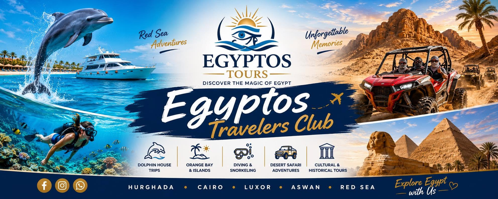 Egyptos Travelers Club banner featuring Red Sea, desert safari and Egyptian cultural experiences